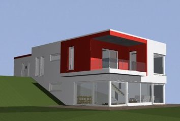 zwei-geschossiges Gebäude; Quelle: Astrid Anders Moderner, zweigeschossiger Wohnbau mit roten Akzenten und großen Glasfenstern.