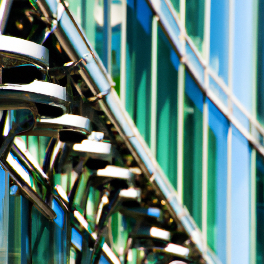 Gläserne Fassade mit Sicherheitskameras; Quelle: KI Bildgenerator Nahaufnahme von Sicherheitskameras an einer modernen, gläsernen Gebäudefassade.